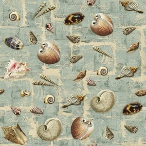 Sea Shells Collection Green 100% Cotton Fabric by The Yard - Picture 1 of 1