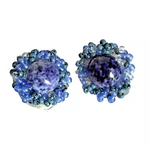 Earrings Hobe Cluster Beads Speckled Leather Backed Blues Clip On Vintage 1" - Picture 1 of 9