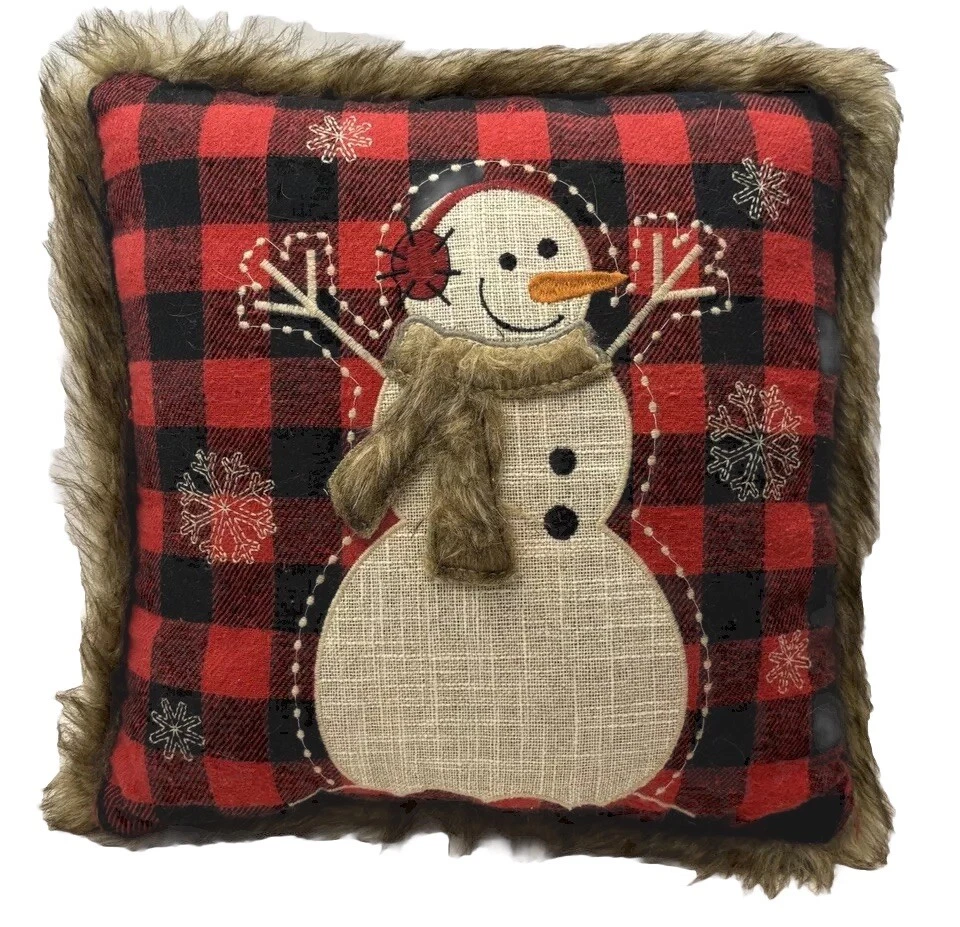 Buffalo Plaid Fur Snowman PILLOW Square Decorative 18 x 18 in Fuzzy Tactile EUC - Image 1 of 4