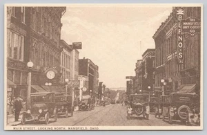 Antigua postal impresa Main Street Mansfield Ohio tienda letreros autos sin publicar - Imagen 1 de 2