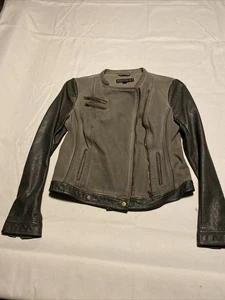 Blanc Noir Women Moto Jacket Green Canvas Faux Leather Asymmetrical Zipper L - Picture 1 of 13