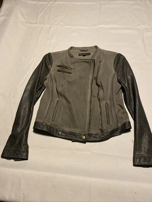 Blanc Noir Women Moto Jacket Green Canvas Faux Leather Asymmetrical Zipper L - Image 1 of 4