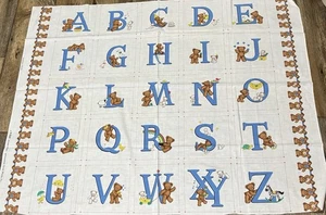 Vintage Cranston Blue Very Important Bears Alphabet ABC Quilting Panel Fabric - Picture 1 of 6
