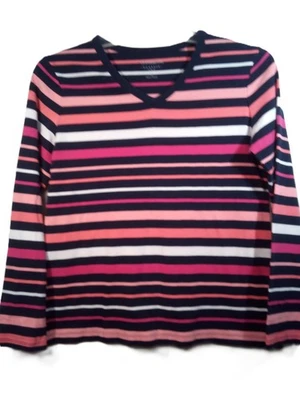 Camiseta Croft & Barrow Clásica Mujer Top L Rosa Azul Rayas Cuello en V Manga Larga Foto 1 de 4