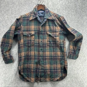 Vintage Pendleton Jacket Mens 16 Green Brown Plaid Wool Lined Shirt 70s - Picture 1 of 18