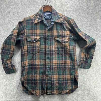 Vintage Pendleton Jacket Mens 16 Green Brown Plaid Wool Lined Shirt 70s - Image 1 of 4