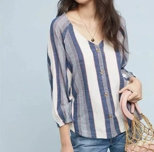 Cloth & Stone Anthropology Chambray gestreifte V-Ausschnitt Bluse Knopfleiste Gr. XL - Bild 1 von 11