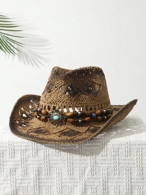 Boho Western Cowboy Straw Hat 🌾 Hollow Out Panama Sun Hat Khaki Beach Rodeo - Image 1 of 4