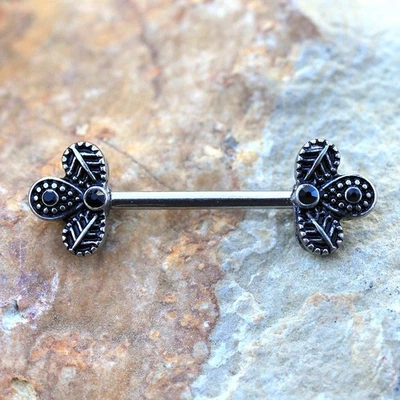 PAIR of 316L Stainless Steel Black Peacock Feather Nipple Bar - Image 1 of 3