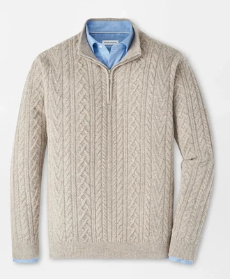 NEW MENS PETER MILLAR GOLF L/S CRESCENT RIDGE CABLE 1/4 ZIP SWEATER, MEDIUM, ELM - Image 1 of 4