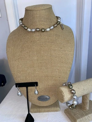 Firmado-925 M&N CN CZ Circonita Cúbica Gris Perlas Conjunto Collar Pulsera Pendientes Foto 1 de 4