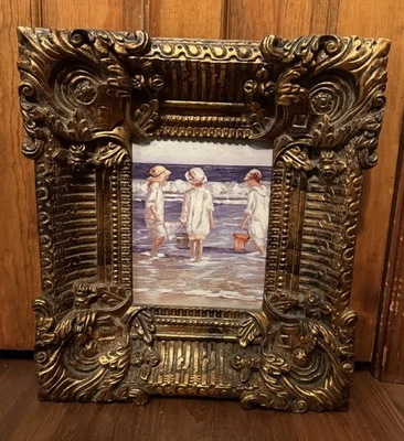 Sisters At The Shore Impressionist Oil Painting Highly Ornate Gold Frame - Image 1 of 3