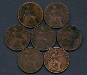 7 Great Britain 1 Penny Coins 1895 1896 1897 1898 1899 1900 & 1901 - Picture 1 of 2