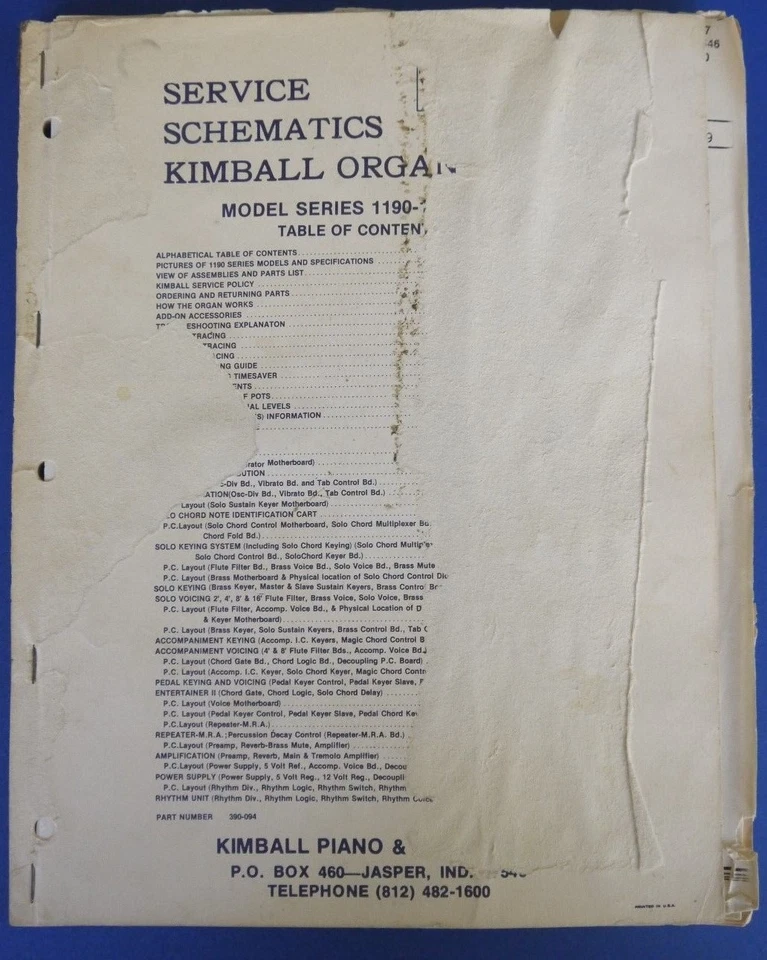 Kimball Organ Service Schematics Model Series 1190 Manual - Image 1 of 1