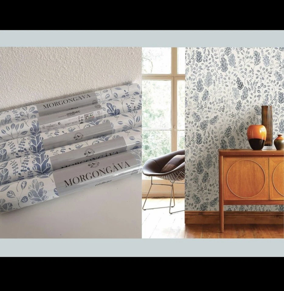 Doble rollo de papel tapiz Morgongåva Midbec hoja de Isha azul Foto 1 de 4
