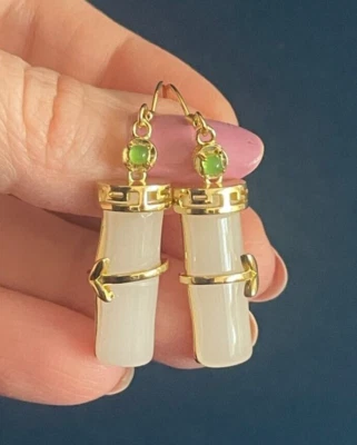 Natural white jade bamboo earrings, Gold/Silver Jade Gemstone Earrings - Image 1 of 4