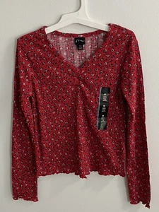 Girls’ Long Sleeve Lettuce Trim Ribbed T-Shirt Red Floral- Art Class - M (8) - Picture 1 of 5