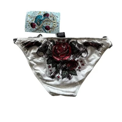 全新带标签 Sinful By Affliction Bedazzled 枪和玫瑰比基尼带链条外壳 S — 第 1/4 张图片