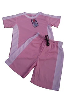 BNWT Girls Size 3 Cute Pastel Pink & White Stretch Sports Tee Shirt & Shorts Set - Picture 1 of 1