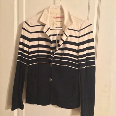Anthropologie Cartonnier XS Striped Captain Blazer Blue/White Peplum Flare - Изображение 1 из 3