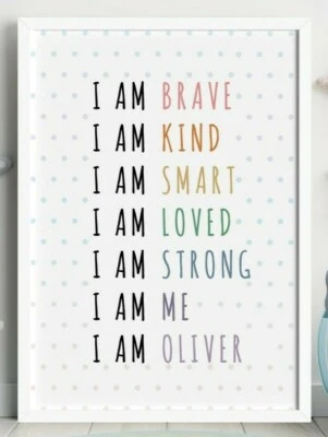 Personalised Kid Affirmations, I Am Strong I Am Brave, Wall Art, Nursery Decor, - Image 1 of 4