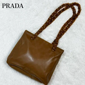Prada Light Brown Leather Shoulder Bag Logo Embossed Chain Strap Purse MBb1776 - Picture 1 of 19