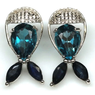 925 Sterling Silver 4 x 10 mm. London Blue Topaz, Sapphire & Zircon Earrings - Image 1 of 4