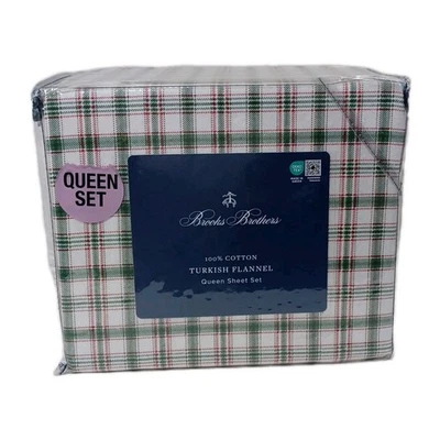 Brooks Brothers 4Pc Queen Sheet set Turkish Flannel Cotton Plaid Red & Green  - Image 1 of 2