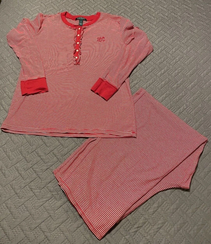 Conjunto de pijama de dos piezas para mujer Lauren Ralph Lauren rojo y blanco a rayas mediano RL Foto 1 de 4
