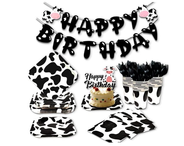 Товары для вечеринки на день рождения коровы: тарелки, чашки, салфетки, столовые приборы, баннеры для 24 - Изображение 1 из 4
