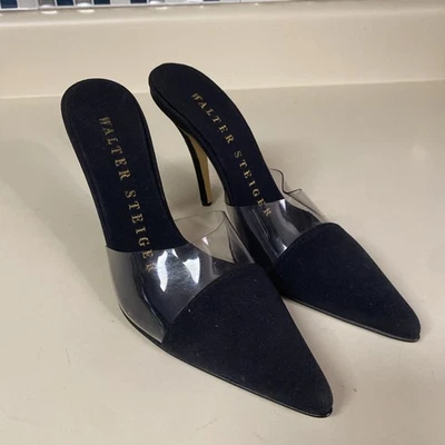 Walter Steiger Mules Heels Black Canvas & Clear PVC Slip On Pumps Italian  US 6 - Image 1 of 4