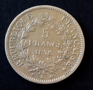 France - Rare and Pretty 5 Francs 1878 K - Hercules Type (3) - Rarer Date - Picture 1 of 2