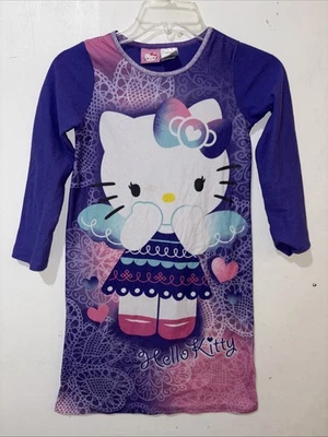 Hello Kitty Nightgown Girls 7 8 Purple Pink Long Sleeve Hearts Nordic Lace Print - Image 1 of 4