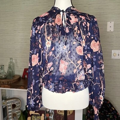 Blusa Rachel Zoe Azul Marino Floral Manga Larga Mediana Top Camisa Mujer Talla M Foto 1 de 4