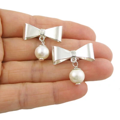 925 Sterling Silver Bow Earrings Polished Bow and Dangling Pearl Drops - Image 1 of 4