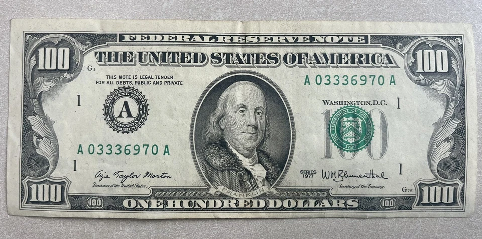 1977 $100 Hundred Dollar Bill Federal Reserve Note  Boston, MA - Image 1 of 4