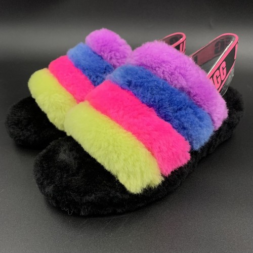 UGG FLUFF YEAH OMBRE SLIDE NERO LANA SLINGBACK PANTOFOLE SANDALO DONNA US 7