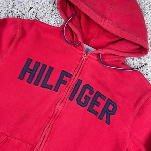 Tommy Hilfiger Hoodie Men's Size Large Red Full Zip Hooded Sweatshirt Spellout - Picture 1 of 13