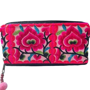 Bali Pink Floral Wallet Embroidered Zips Around Pockets Section Inside Beautiful - Picture 1 of 15