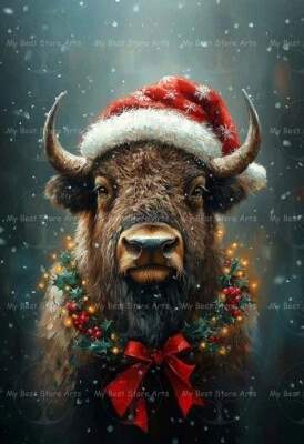 IMPRESIÓN ARTÍSTICA SOMBRERO BÚFALO SANTA, decoración de Navidad, póster bisonte de vacaciones vaca E677 Foto 1 de 3