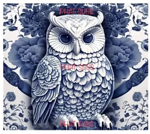 20oz Sublimation Tumbler Wrap Blue & White Owl Ready To Press Heat Transfer - Picture 1 of 1