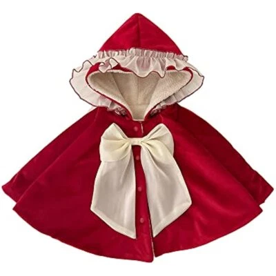 Bebé Niñas Capa de Terciopelo Forrada de Vellón Mantón con Capucha Capa Abrigo de Invierno Lazo con Volantes Foto 1 de 4