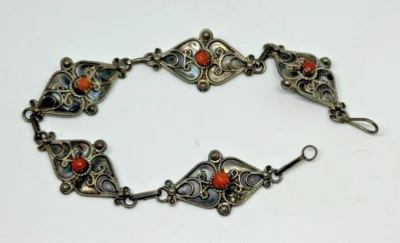 Pulsera antigua china de canetilla plata coral rojo 8,5" Foto 1 de 3