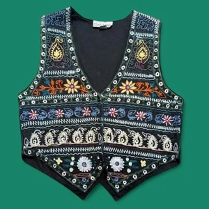 VINTAGE FOLK ART EMBROIDERED BLACK WOMENS VEST by Magazine 80s waistcoat M 2B - Picture 1 of 11
