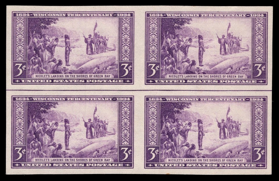 US Scott # 755, Nicolet's Landing, Centerline Block of 1935 3¢ Stamps, NG, MNH - Image 1 of 1