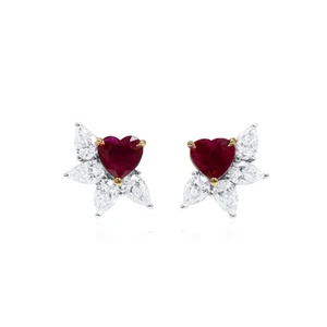 Exquisite 18k White Gold Top Quality Diamond & Red Blood Ruby Earrings Studs VS - Picture 1 of 1