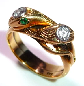 Ring 585 Gold 2 Schlangen 0.20 ct Diamanten 4 Smaragde Gr 52/ 16,5 änderbar ANTI - Picture 1 of 11