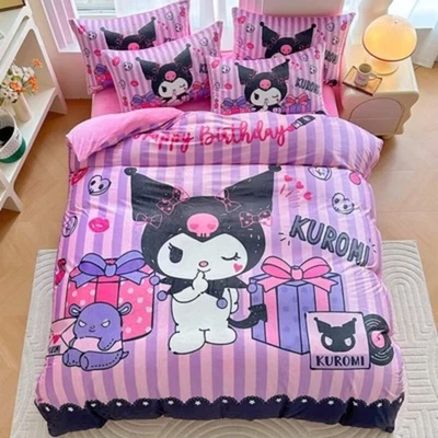 Cute Pink Kuromi Fleece 3pcs / 4pcs Quilt Set Cartoon Kids Bed Sheet Pillow Case - Image 1 of 3