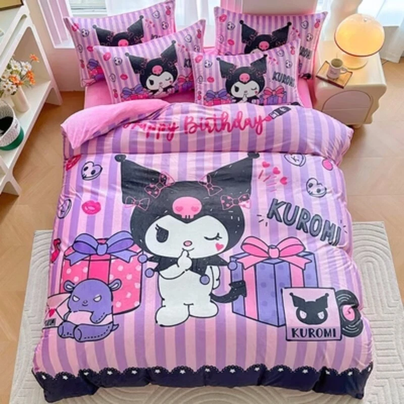 Cute Pink Kuromi Fleece 3pcs / 4pcs Quilt Set Cartoon Kids Bed Sheet Pillow Case - Image 1 of 3