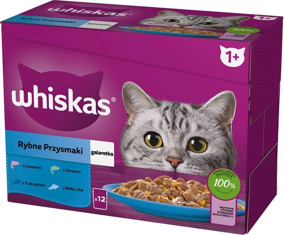 12x85g WHISKAS MIX Fisch Geschmacks Weißfisch Kabeljau Lachs Thunfisch in Gelee - Bild 1 von 1